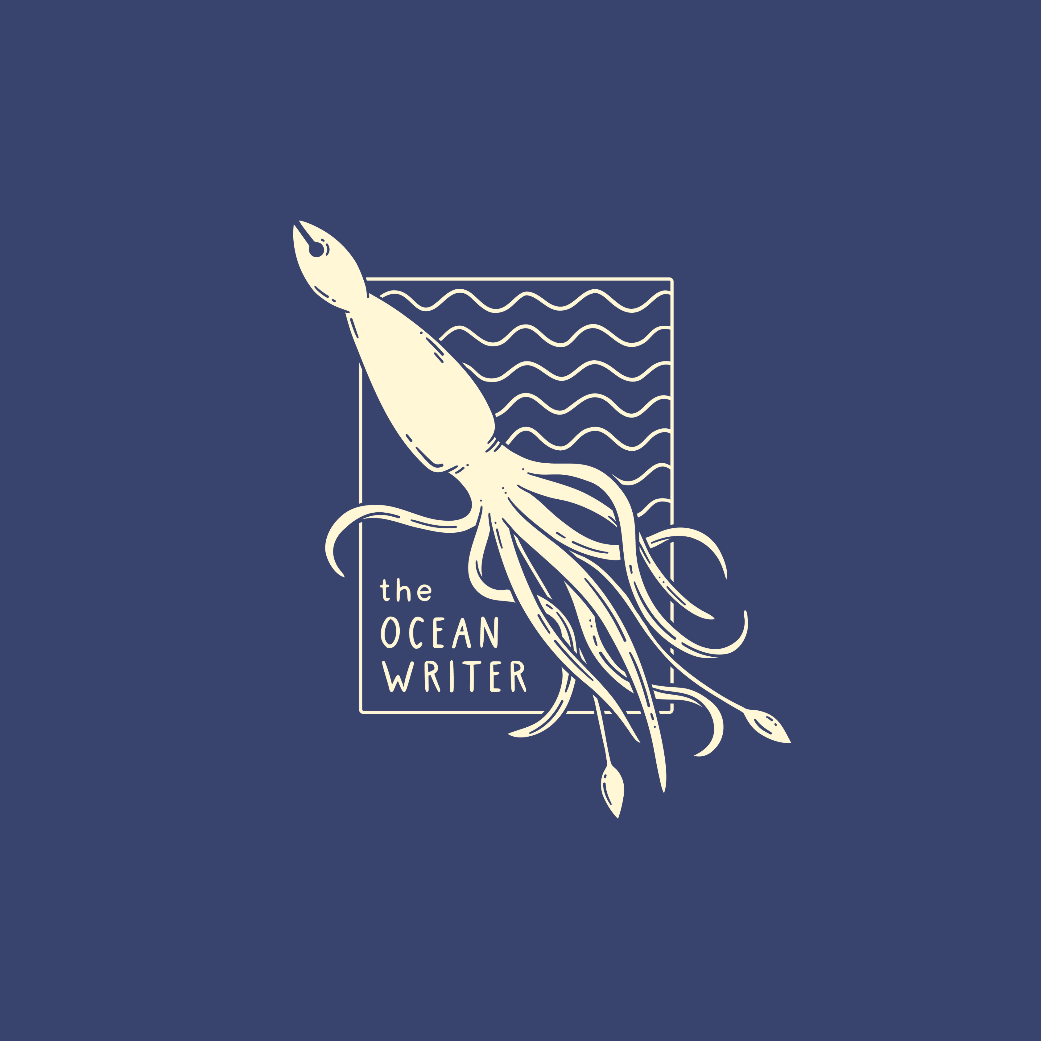 Melissa's logo shows a squid sprawled across the page with its mantle in the top left corner (the subtle shape of a fountain pen nib at the top) and its arms and tentacles curling off the page on the bottom right. The text reads: The Ocean Writer.
