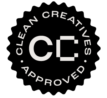 Black rosette with white text saying Clean Creatives approved