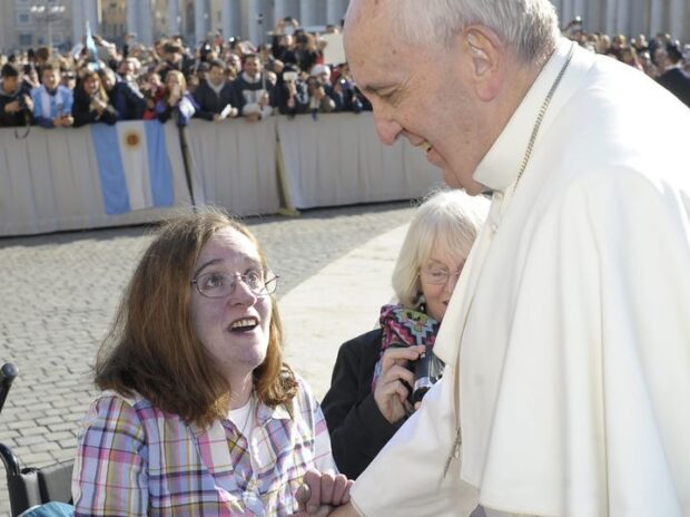 Corinne Barber getting a blessing from Pope Francis on a trip to the Vatican paid for by a fundraising campaign (Image: PA)