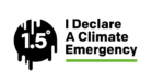 Black text on white background reading I Declare A Climate Emergency next to 1.5 degrees on white in a black circle