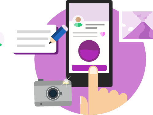 JustGiving-donation-graphic Graphic illustrating someone updating their JustGiving profile on their phone by adding pictures and a campaign description.