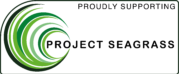Black text on a white background reading Proudly Supporting Project Seagrass. There are green circles swirling around the word project