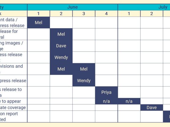 Preview of workback schedule with example activities and dates outlined on a calendar