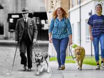 On the left is an old black and white photo of a guide dog owner walking with his dog. On the right is a modern colour photo of a lady walking her guide dog in the same position