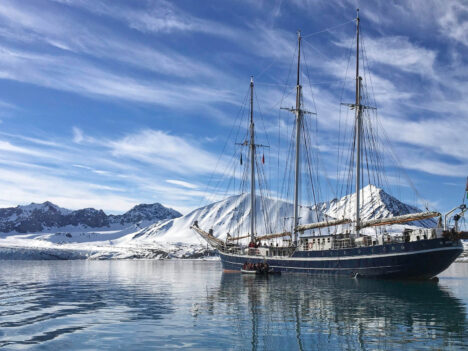 Three masted sailing ship on a polar marine life vacation in Arctic Spitsbergen. Photo by Christine Nicol.
