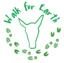 walk-for-earth-logo Walk for Earth logo: the outline of a donkey's head with hoofprints underneath and 'Walk for Earth' written above, all in green